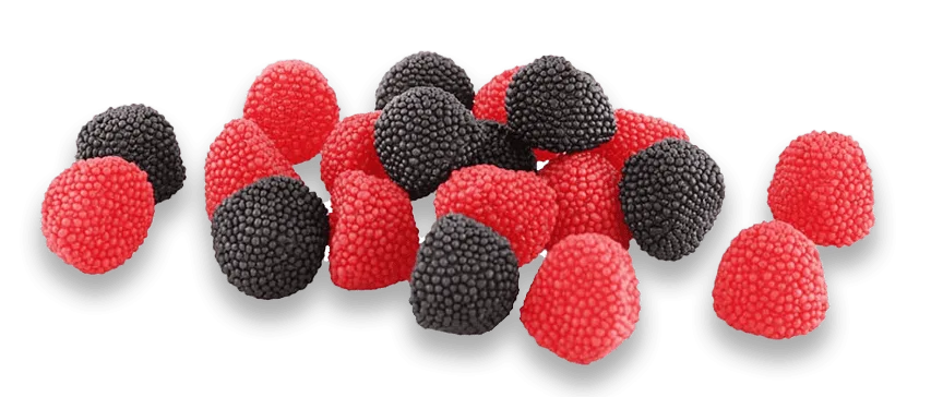 Gomitas de uva y fresa cubiertas con grageado crujiente